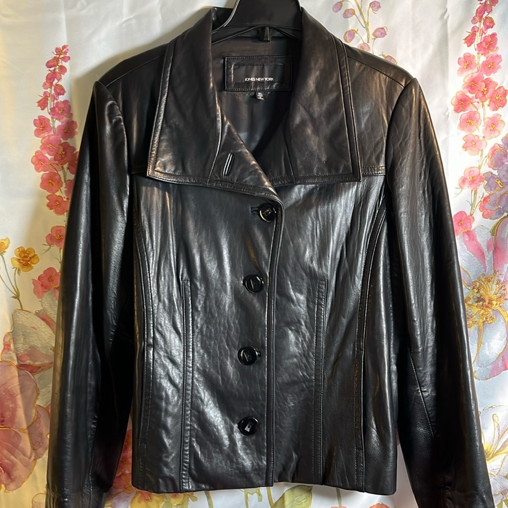 Jones New York Black Leather Jacket-EUC